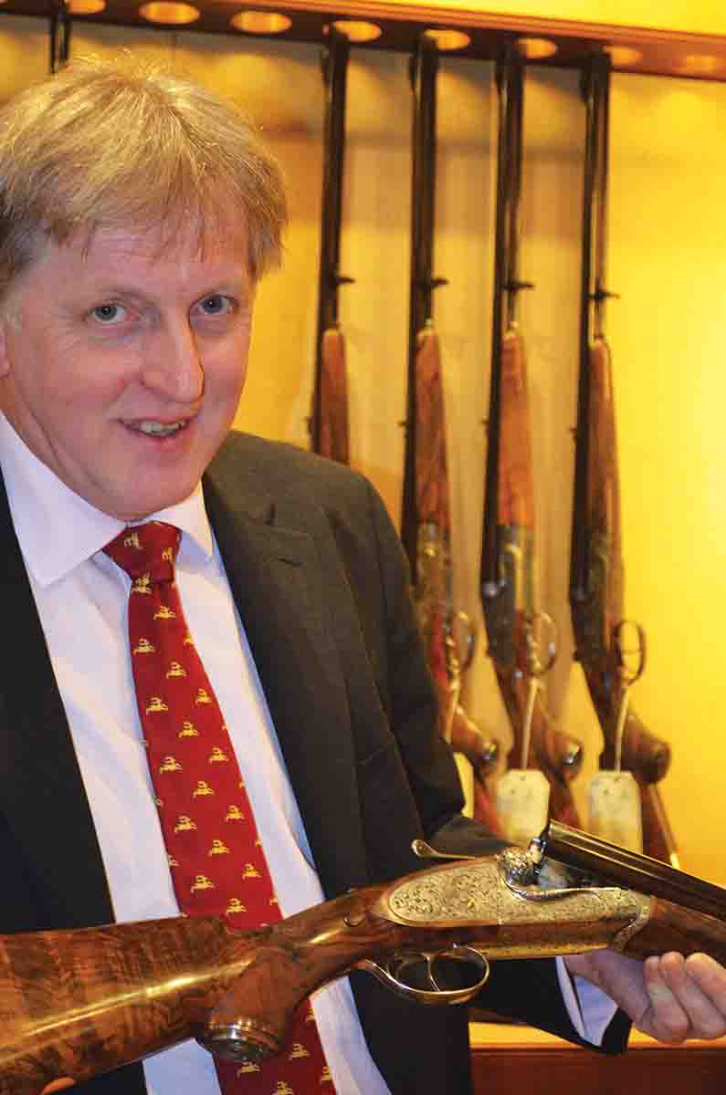 Holland & Holland’s Pat Murphy with a new .577 Nitro Express. It relies solely on Purdey underlugs and a Scott spindle.
